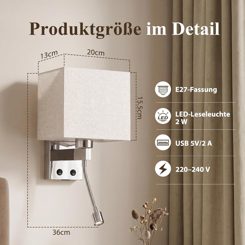 White Fabric USB Reading Wall Sconce