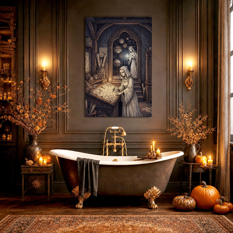 Astrologue à capuchon dessinant une carte du ciel - Toile murale d'Halloween, H 36 po x l 24 po