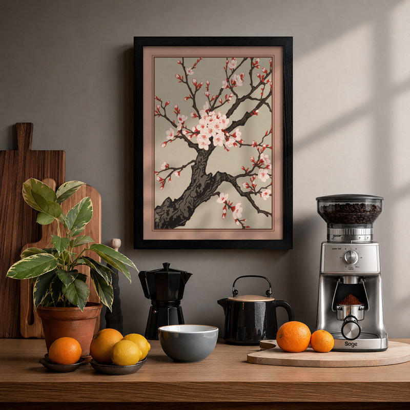 Spring Blossom Branch Japandi - Framed Print, Black, A4 - 29.7 x 21.0 cm