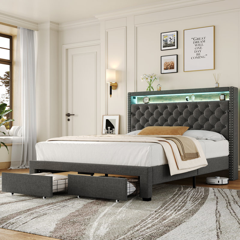 3-Piece Bedroom Set, Upholstered Bed with 2 Nightstands with 3 Drawers&USB Charging,Compact Size Doubles as Side Tables