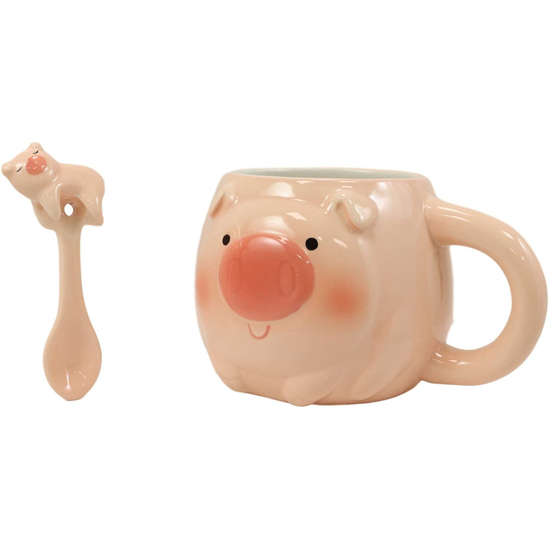Adorable Whimsical Porky Bacon Pig with Pet Pal Sleeping Piglet Latch on Spoon Coffee Mug Trinx
