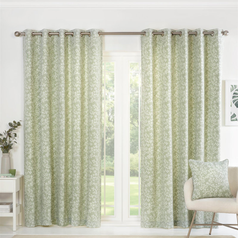 Sade Fully Lined Ready Made Floral Eyelet Curtains, 46cm Width x 72cm Drop, Green
