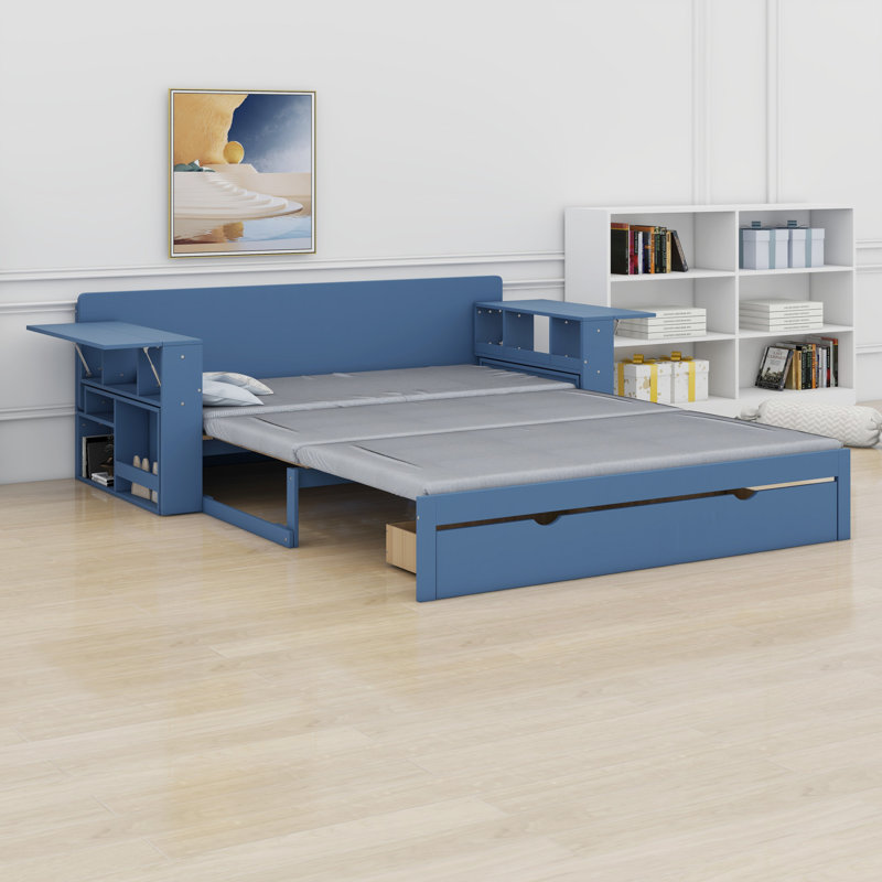 Lit de jour avec bureau amovible, tiroirs de rangement et table d'appoint hydraulique, Grand, Bleu