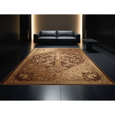 Tapis oriental brun ornemental lavable à la machine Bartow - reliure brun clair