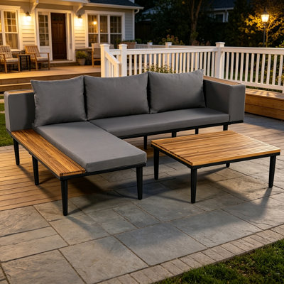 Ensemble de meubles de patio de luxe avec coussins amovibles et table basse, canapé en bois d'acacia en forme de L avec table d'appoint, canapé modulaire d'extérieur pour la cour, véranda