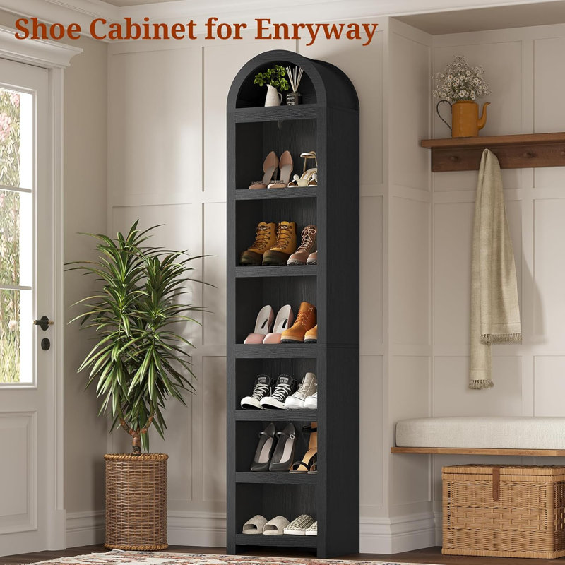 76" Tall Narrow Arched Bookcase, 7-teir Mid-century Modern Bookshelf For Living Room, Home Office, Black