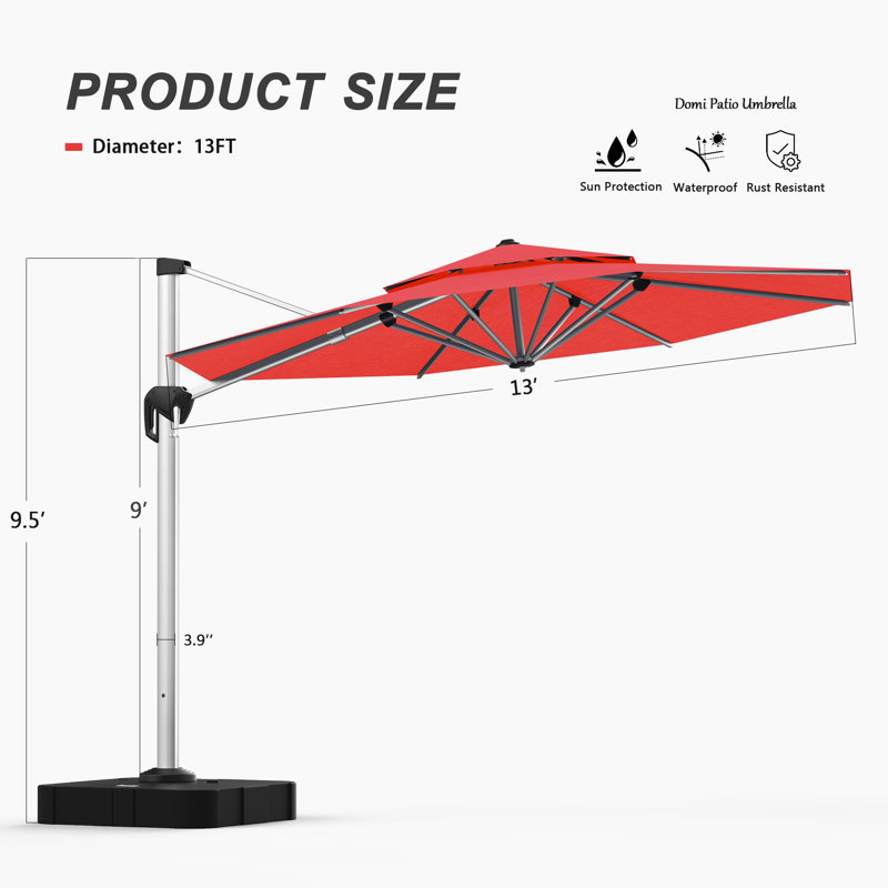 Parasol en porte-à-faux rond 13 pi, Rouge, H 114 po x l 157 po x P 157 po