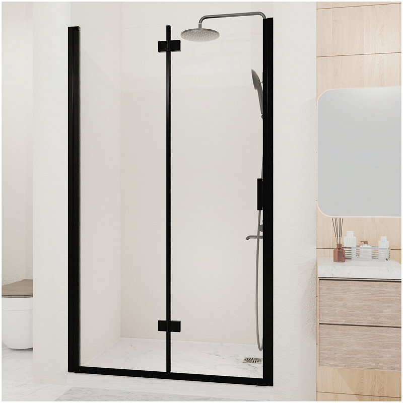Semi-Frameless Folding Pivot Hinged Shower Door 34-35.2 in. W x 72 in. H,1/4" (6mm) Tempered Glass,Bathroom Bifold Panel, Reversible Installation,Matte Black