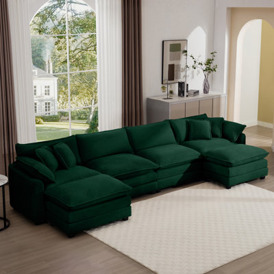 Canapé en velours côtelé avec 3 repose-pieds, 2 coussins pour les accoudoirs et 4 coussins décoratifs