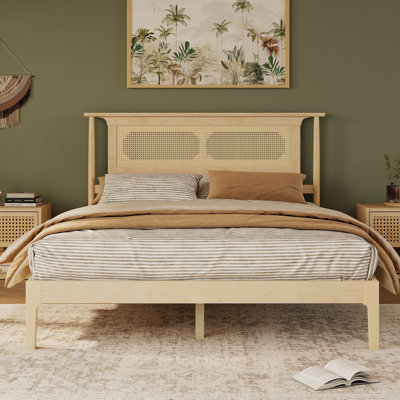 Queen Size Pine Wooden, Solid Wooden Bed with Rattan Headboard, Reinforced by Support Wood Legs,Natural