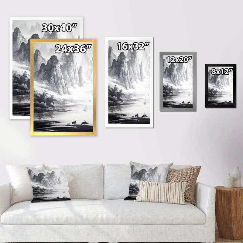 Peinture traditionnelle chinoise, paysage, H 20 po x l 12 po, Toile avec cadre noir