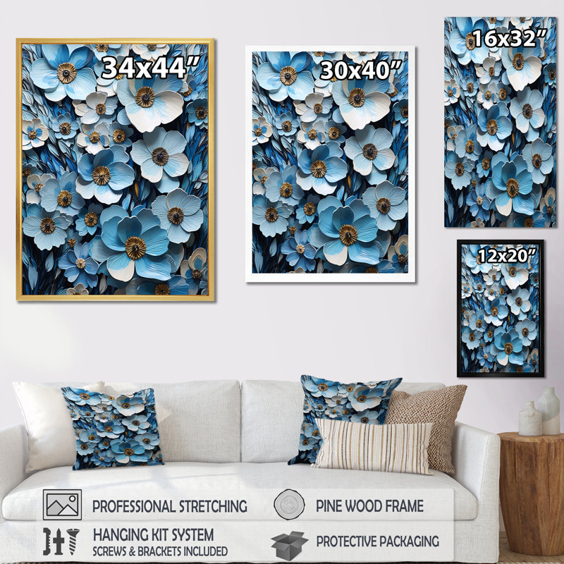 Bleu et blanc minimalisme pensées jardin zen II, Cadre flottant doré, H 32 po x l 24 po x P 1 po