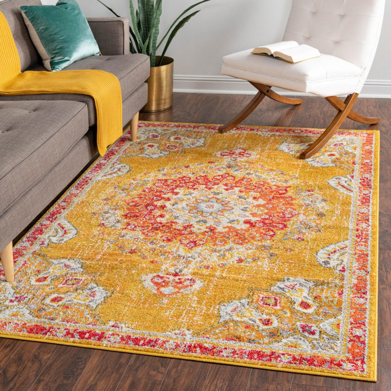 Tapis doré / rouge Galyean, Rectangle 5 pi 3 po x 7 pi 1 po, Gold/Red