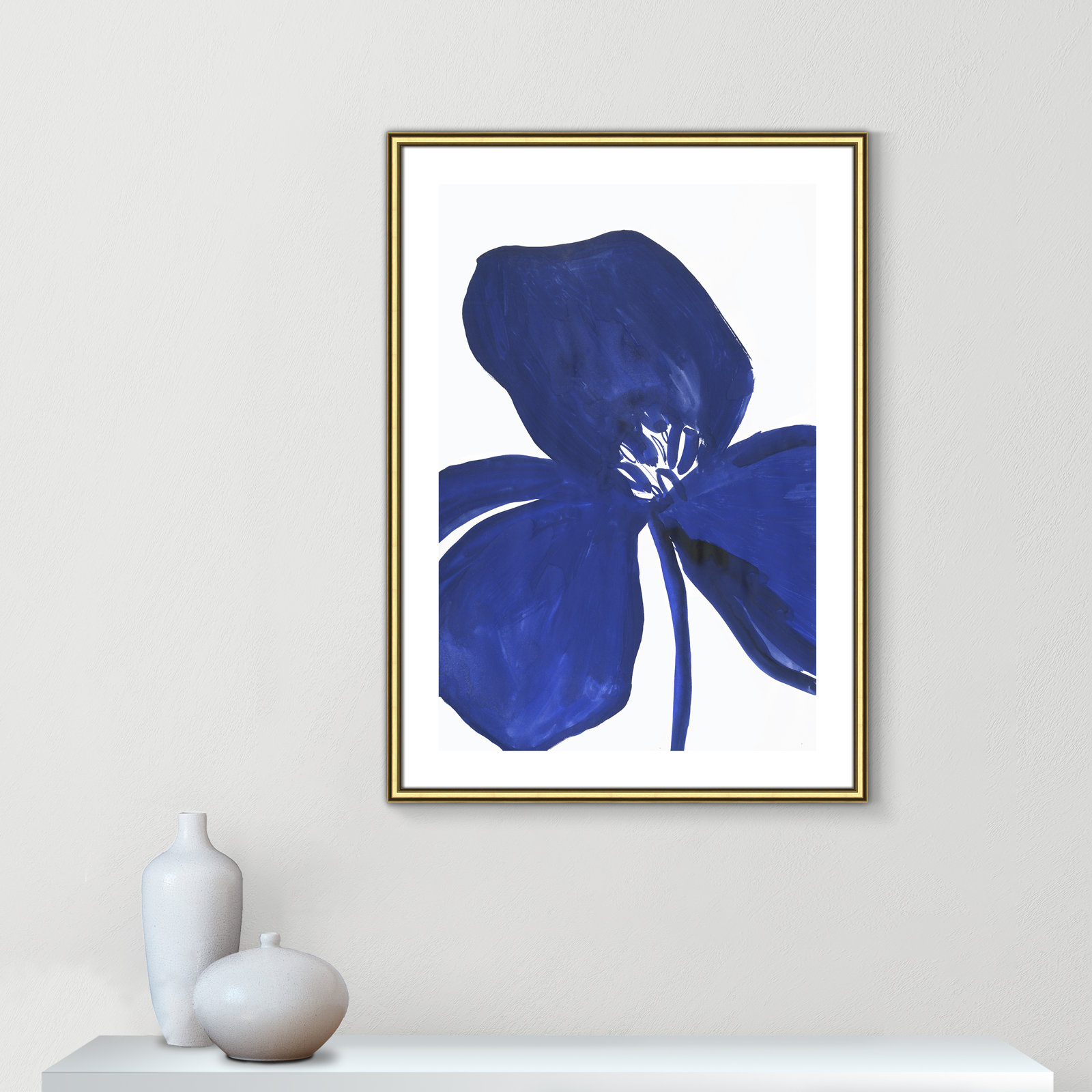 Clarisse "Indigo Petal II" Painting, 36.75" H x 26.75" W x 0.88" D, Gold Framed Paper