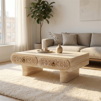 Table basse à coins arrondis avec tiroirs en bois massif avec incrustation à motifs, idéale pour les salons et les bureaux.