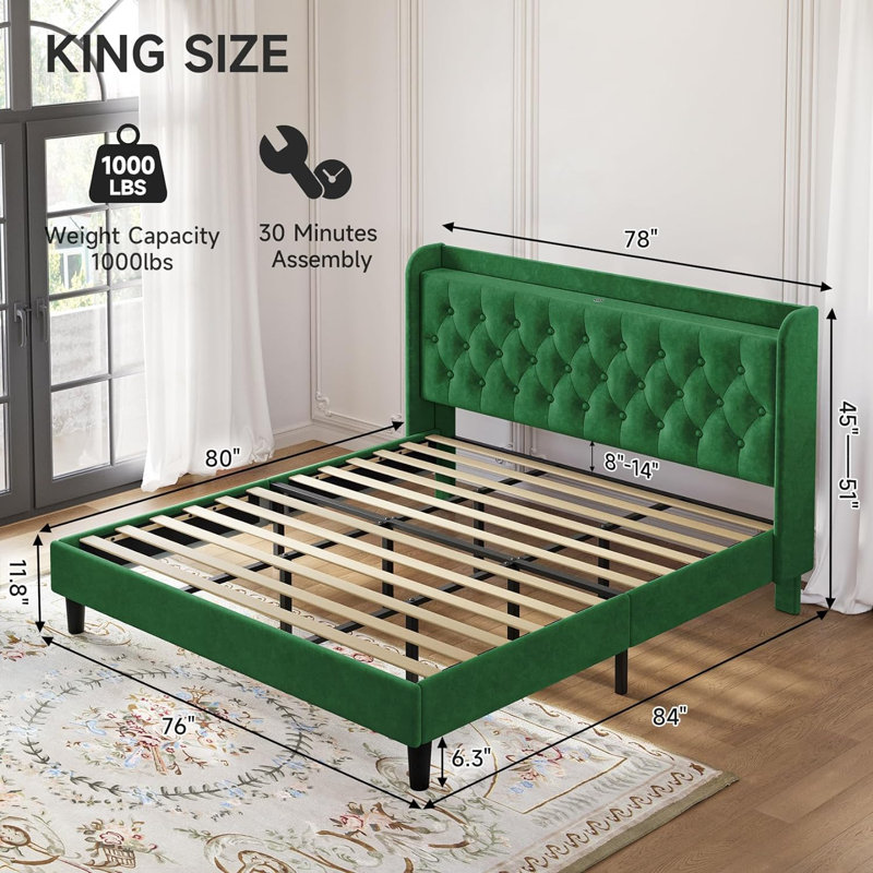 Tufted Velvet Upholstered Bed with Charging Station & Storage Shelf , King, Green