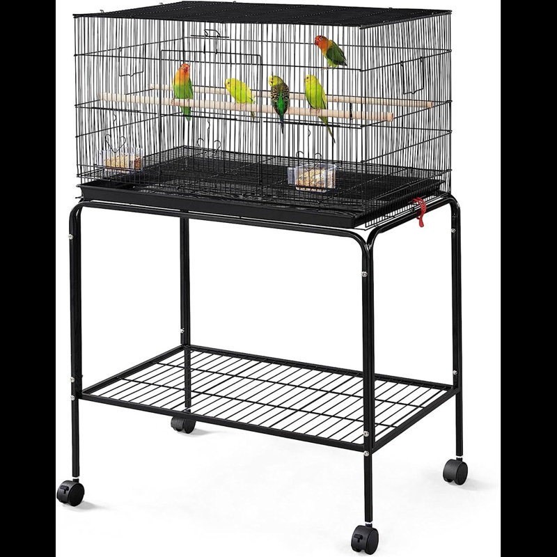 Tennille 47'' Iron Flat Top Floor Bird Cage with Wheels, Black