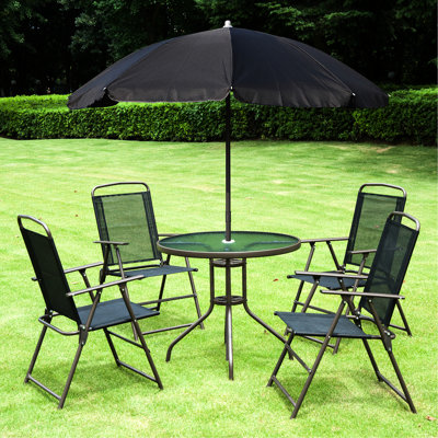 Ensemble de salle à manger de patio 6 pièces pour 4 personnes avec parasol, table d'extérieur et chaises avec 4 chaises pliantes et table ronde en verre pour le jardin, la cour et la piscine