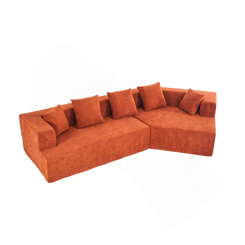 Felip 29.5" Curved Chenille Upholstered Sectional Sofa with Deep Seat, Orange Polyester