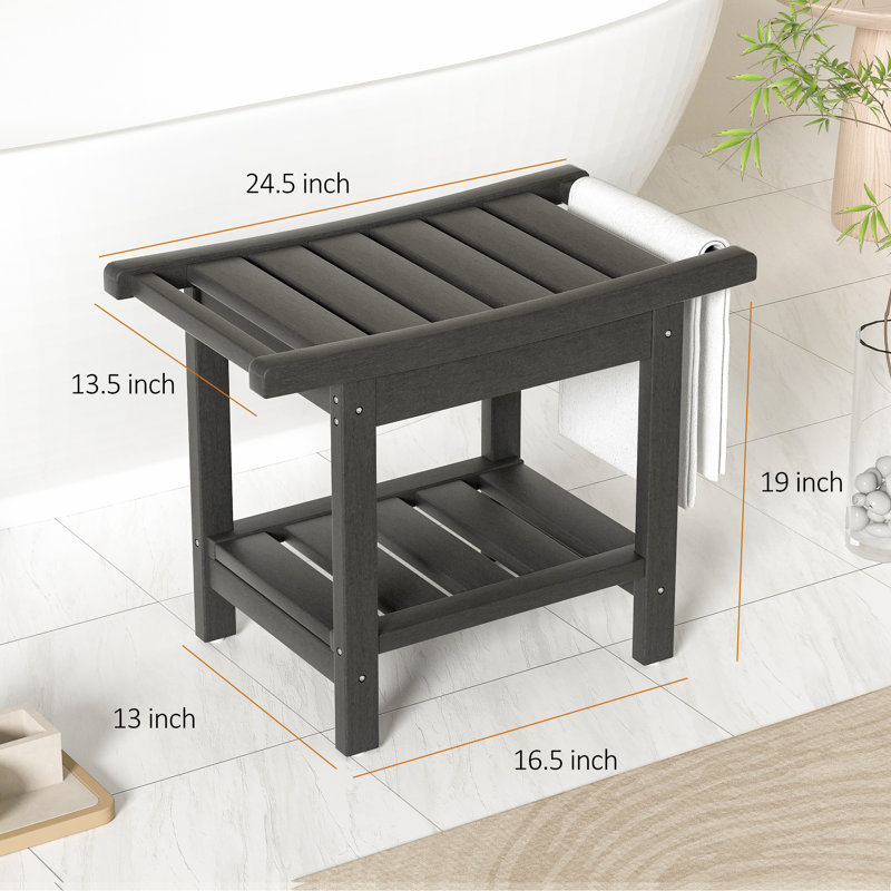 Forevich HDPE Shower Benches 24 X 13 Inch Waterproof Chair With Storage Shelf Poly Stool Seat, Black