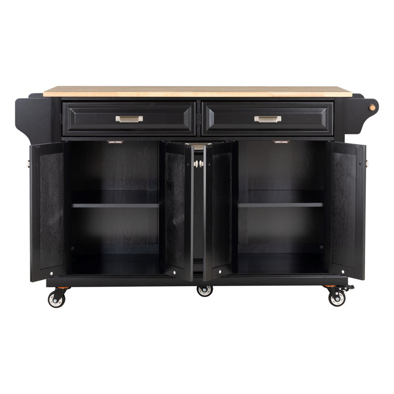 Kitchen Island With Rubber Wood Countertop, Kitchen Cart On 5 Wheels With Storage Cabinet And 2 Top Drawers And A Center Double Layered Storage Drawer