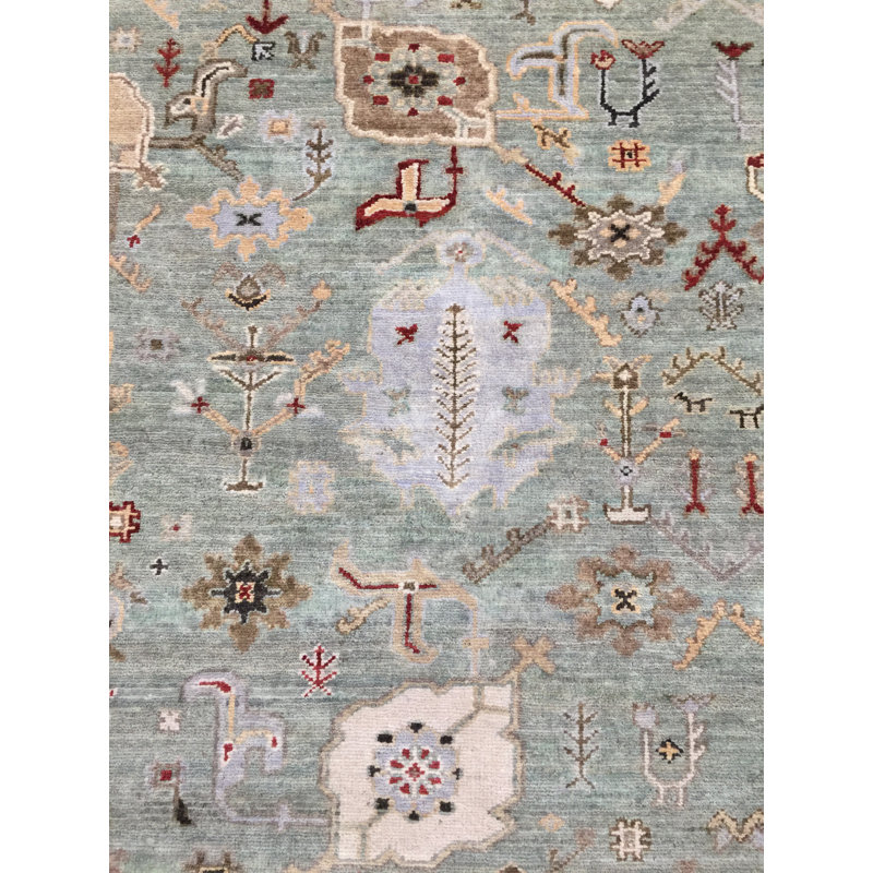 Tapis bleu / vert en laine noué à la main Waco, Rectangle de 4 pi x 6 pi