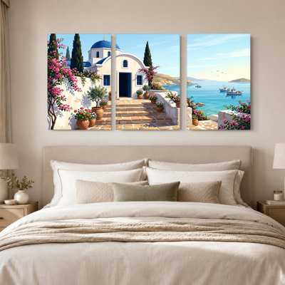 White Chapel with Blue Dome and Pink Bougainvillea Set Of 3 Canvas Wall Art