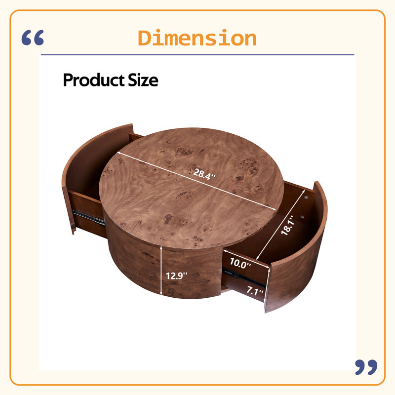 Table basse rotative avec 2 tiroirs, plateau rotatif à 360 °, noyer, 28,4 po