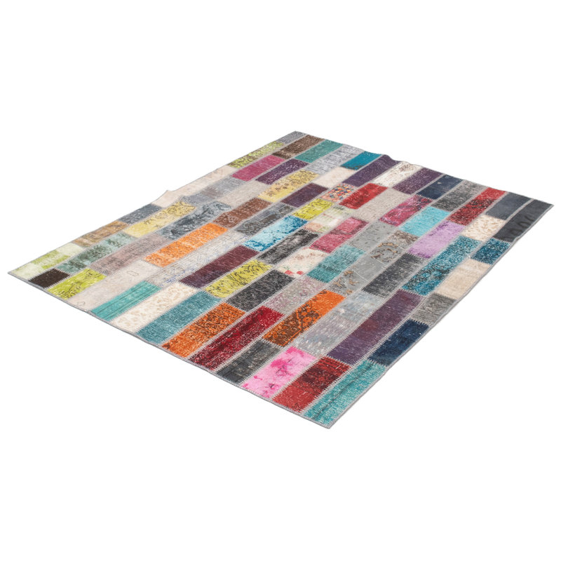 Tapis unique en laine noué à la main vert / rouge / rose 5 pi 10 po x 8 pi années 2010 Lorretta