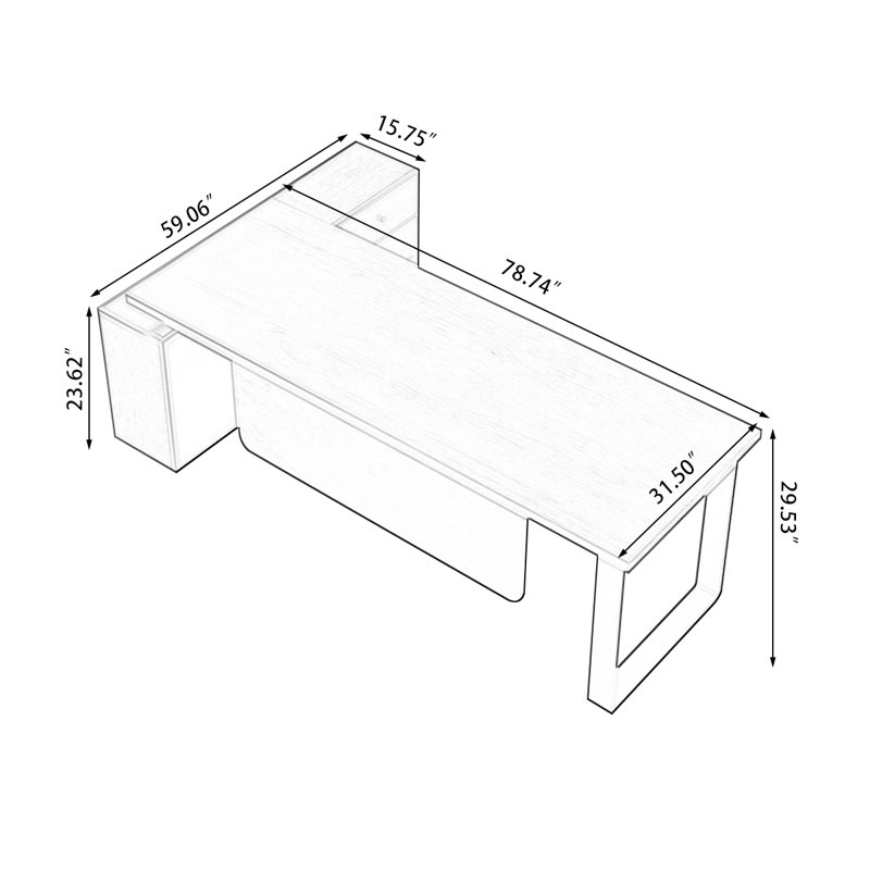 Bureau brun clair + bois massif rectangulaire noir + bureaux en fer, Retour à droite, H 29,53 po x l 78,74 po x P 31,5 po