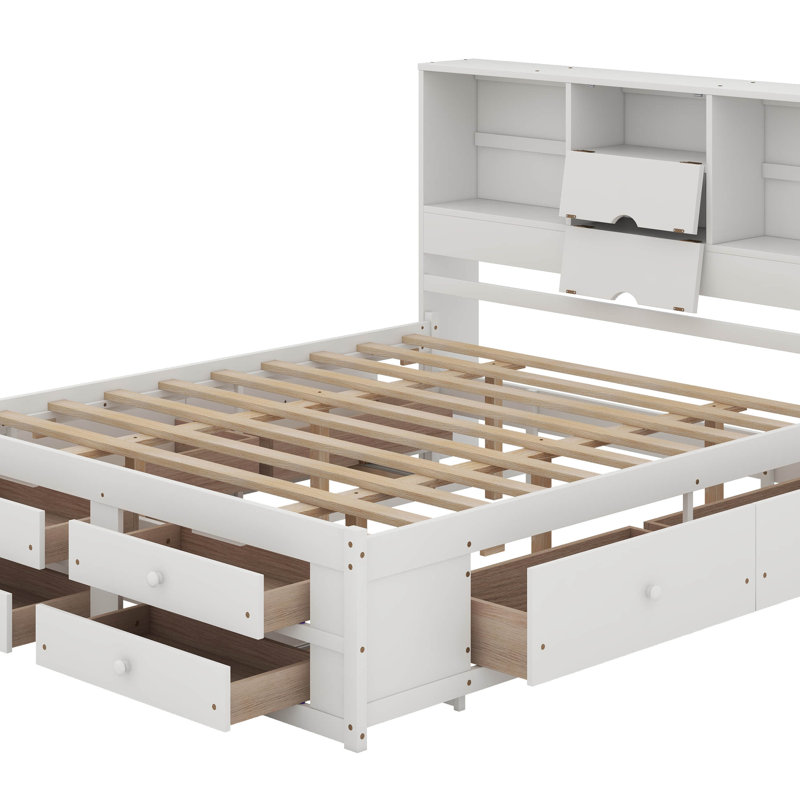 Queen Size Platform Bed With Drawers, White