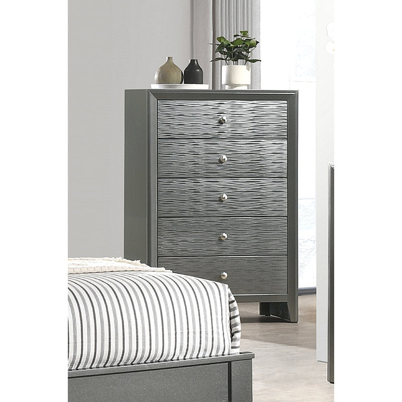 Commode à 5 tiroirs avec boutons ronds et meubles de salon, Blanc