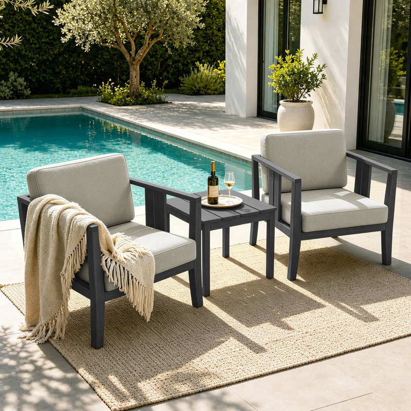 Junco Teak Outdoor Two-Person Patio Set With Cushions And Side Table, Light Camel, Black