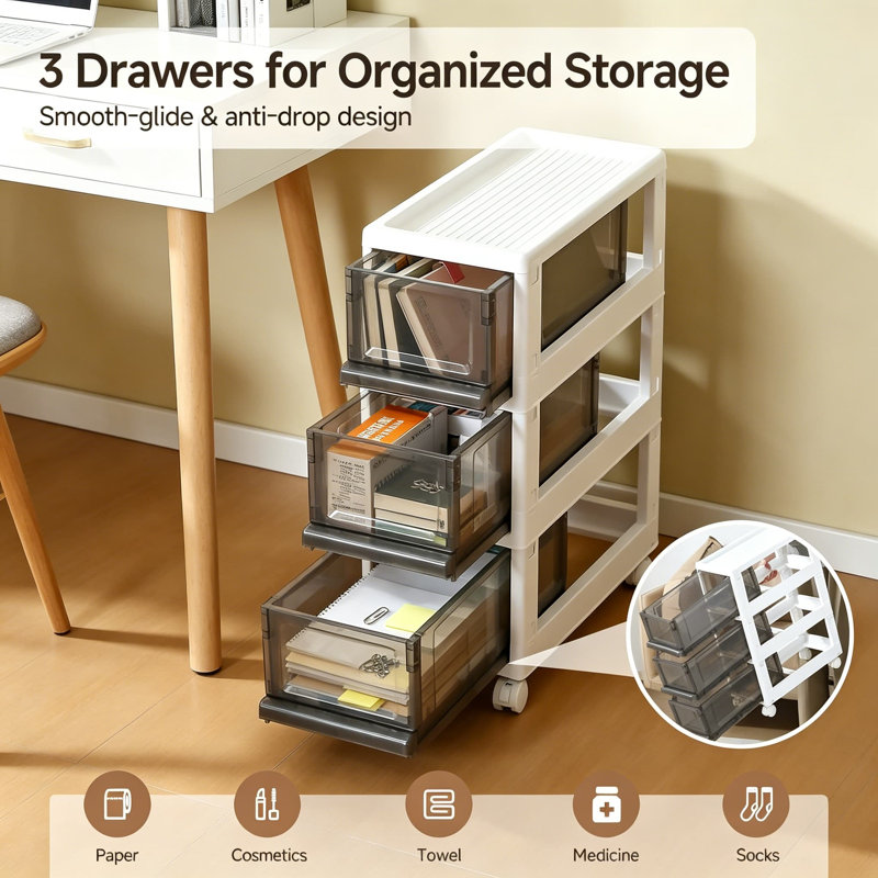 Organisateur de rangement en plastique à 3 tiroirs, chariot de rangement étroit avec roulettes, largeur de 7,87 pouces pour les petits espaces, sous le bureau, salle de bain, chambre à coucher, cuisine, tiroirs gris translucide