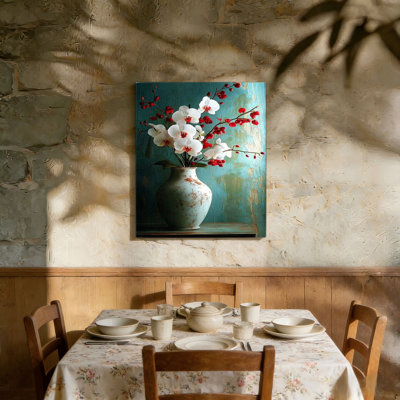 White Retro Classic Flowers Still Life on Green Canvas,Built-in Back Wood Frame Wall Art 36" x 24" Home Accent Decor