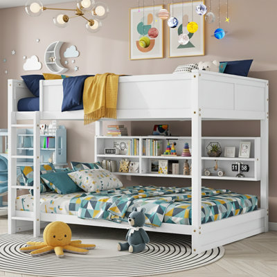   84" Multi-Color Queen over Queen Bunk Bed with USB Charging Station, Solid Wood Heavy Duty Bed Frame with 6 Storage Cabinets