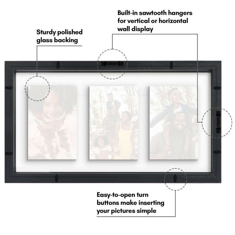 Quadeer Floating Collage Frame - Display Three Photos Together with a Floating Effect, 9" x 17", Black