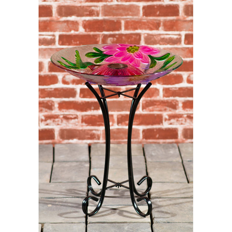 Solar Floral Glass Hummingbird Birdbath with Metal Stand