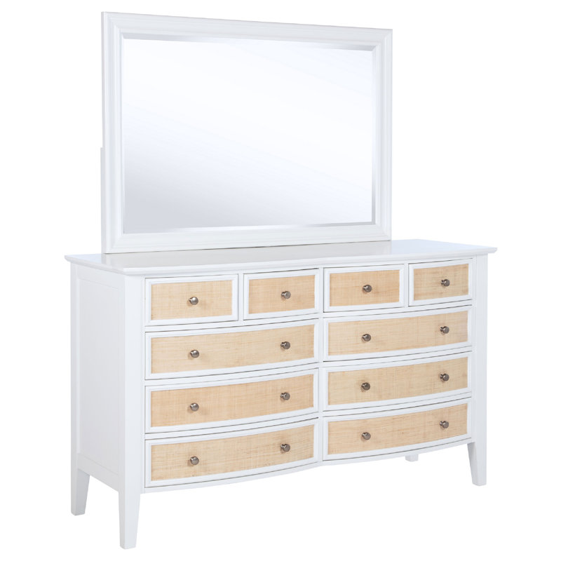 Commode large Heo avec miroir, 10 tiroirs, blanc, structure en bois brun