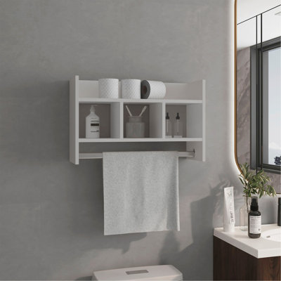 Bathroom Wall Shelf with Towel Bar, Compact Storage With A Wide Upper Shelf, Three Comapct Middle Shelves and Towel Holder for Bathroom Organizer, White