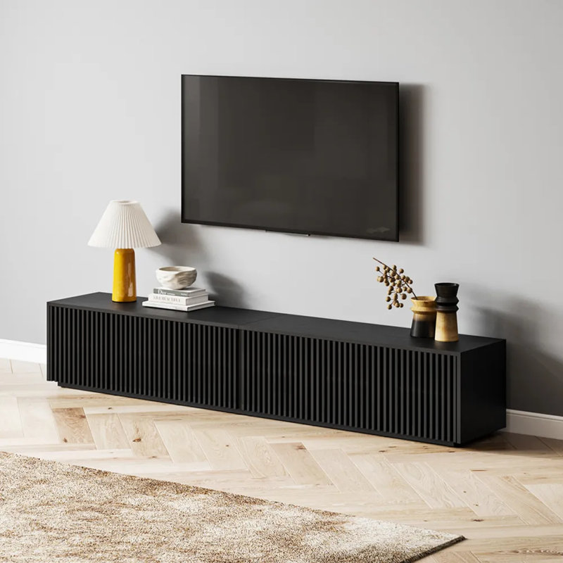 Meuble télé Mid-Century moderne à lattes en bois avec lumières DEL, entièrement assemblé, 16.54"H x 94.5"L x 15.75"W, Black