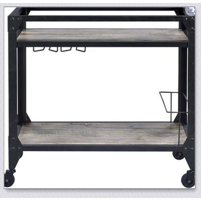Jorgensen Rustic Oak & Charcoal Finish Serving Cart with Wine Rack and Stemware Holder for Elegant Entertaining