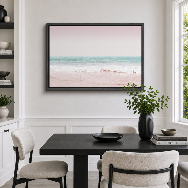 Plage côtière, rose, bleu sarcelle, vagues de l'océan, nature, paysage, illustrations, moderne, rustique, Cadre flottant noir