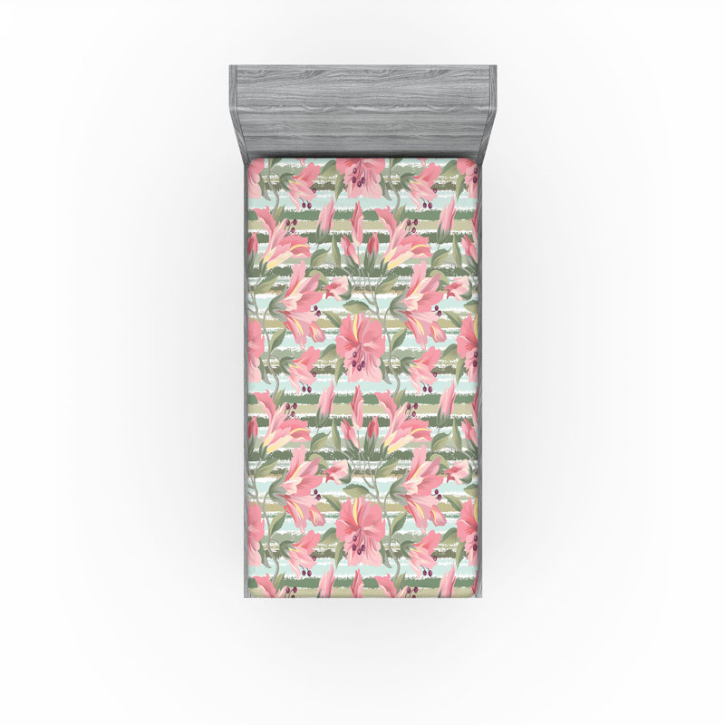 Drap-housse Ambesonne, Drap-housse de taille simple, Rose pastel, vert paon / floral 1