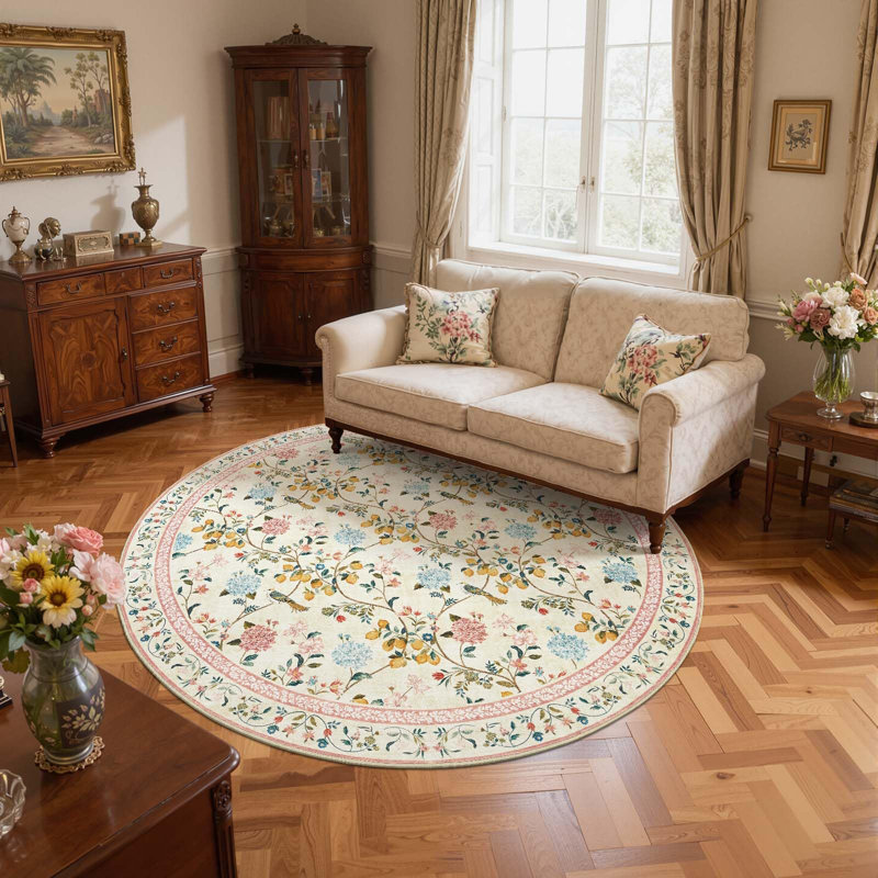 Botanical Floral Washable Non-Slip Area Rug, Beige/Pink, 6'R