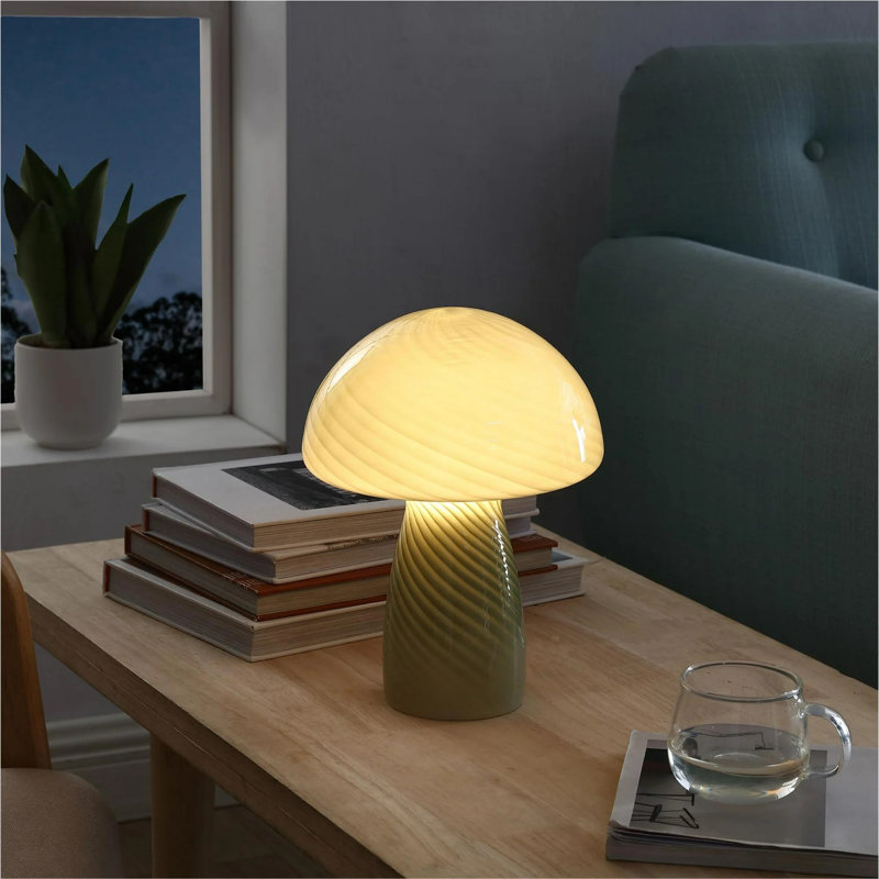 12" Modern Retro Glass Mushroom Table Lamp, Green, Green
