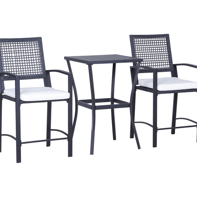 Patio Bar With Comfy Cushions, Steel Frame. For Backyards, Lawn, Deck, Poolside. All-Weather, Footrests, Black Design 3Pcs , Soft Cushioned Outdoor Decoration. Perfect For Tall Chairs Have