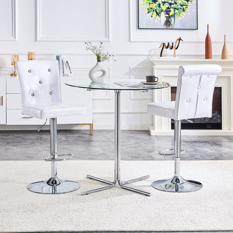 Ensemble de table de bar et tabourets avec base chromée et 2 tabourets de bar en similicuir gaufré crocodile, Argent, blanc