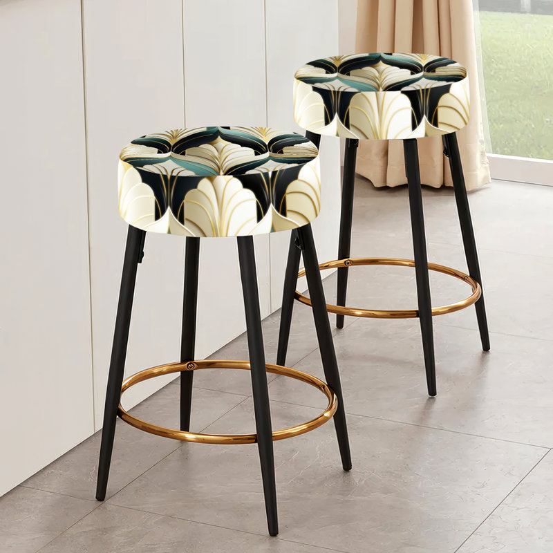 Ensemble de 2 tabourets de bar damassés style années 70 émeraude et doré