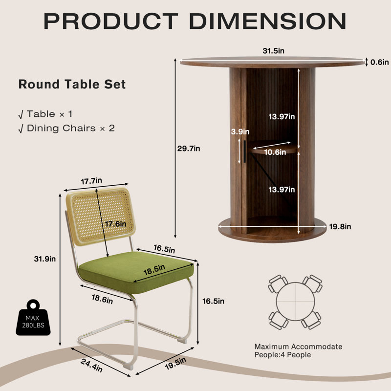3-piece Round Pedestal Tal Dining Set With Cane Back Cantilever Chairs, Brown, Green
